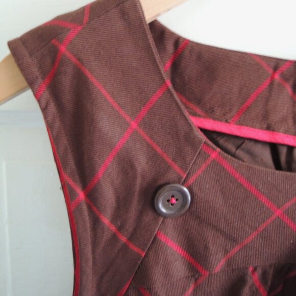 Anthro Maeve Brown & Red Silk Blend Plaid Shift Dress 12 - Picture 4 of 10